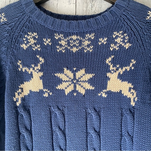 Land’s End Vintage 90’s Blue Cable Knit Fair Isle Reindeer Snowflake Sweater Med - Picture 3 of 7